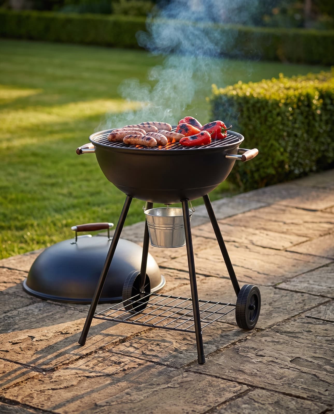 Le barbecue à charbon sur une terrasse en pierre à l'heure dorée, couvercle posé au sol, saucisses et poivrons sur la grille