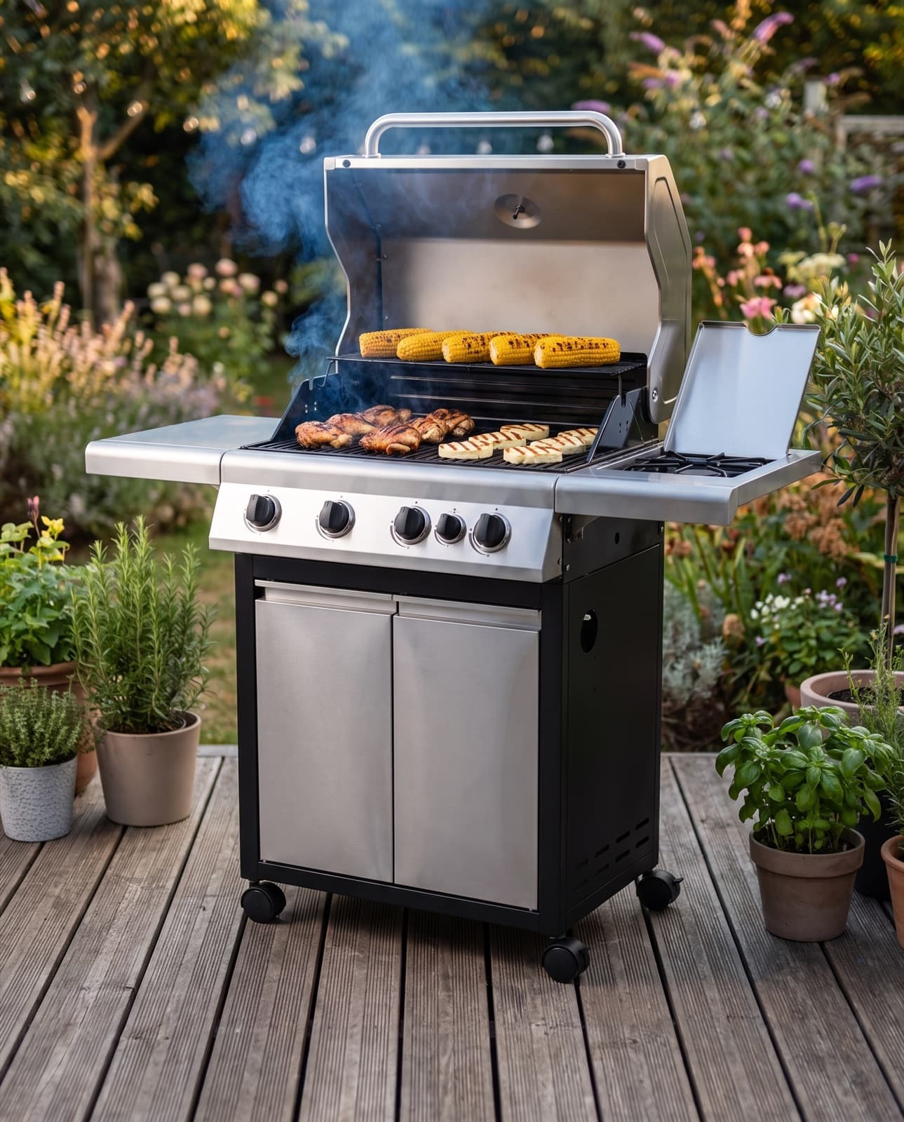 Le barbecue à gaz ouvert sur une terrasse en bois, cuisses de poulet, épis de maïs et halloumi sur les grilles
