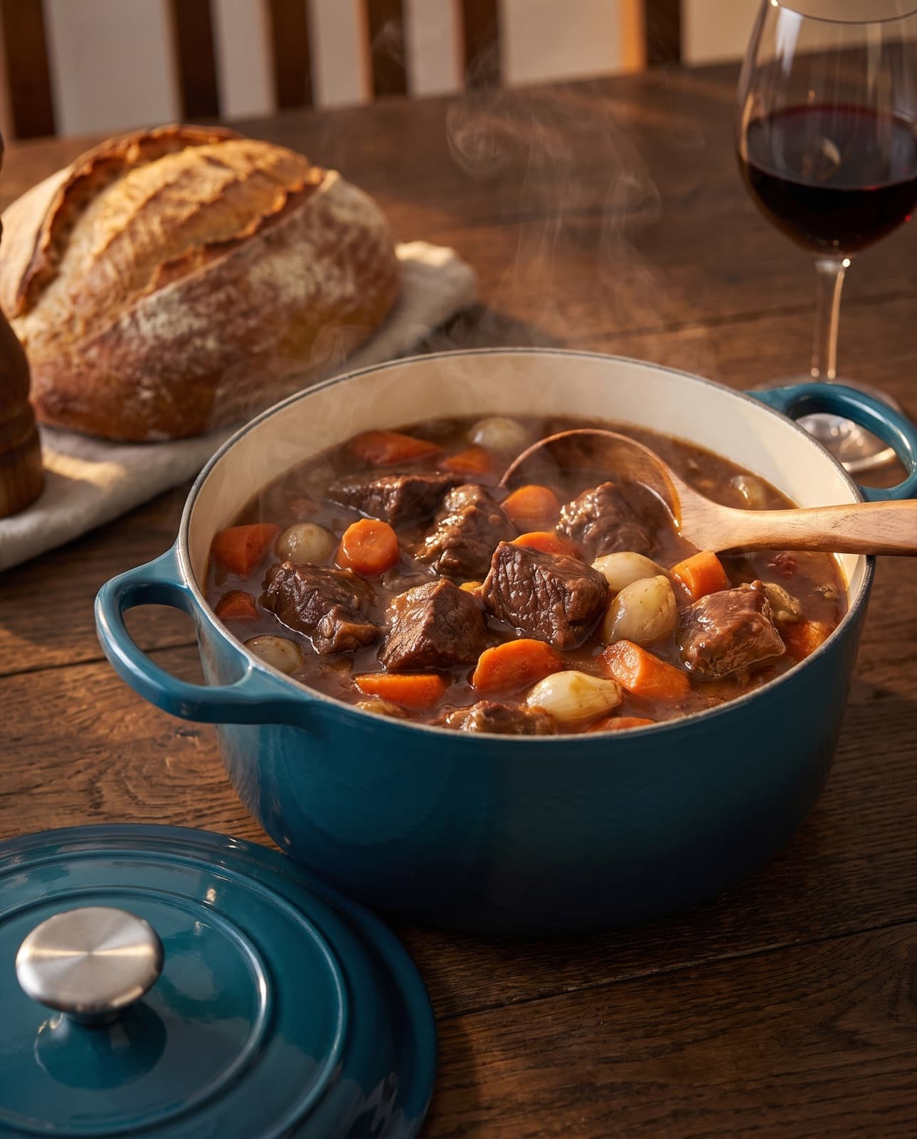La cocotte bleu pétrole ouverte sur une table en chêne, remplie d'un bœuf bourguignon fumant, pain et vin rouge derrière
