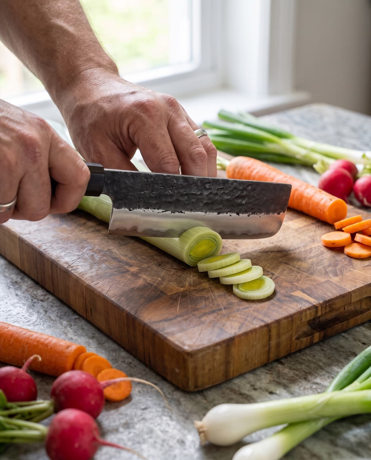 Le nakiri émince un poireau en fines rondelles sur une planche en bois, entouré de carottes, radis et oignons nouveaux