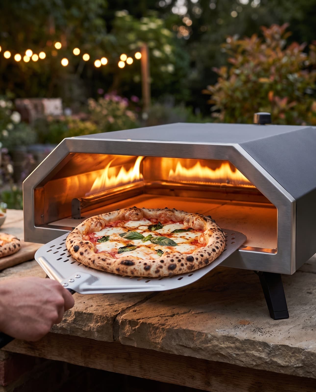 Une main sort une grande pizza à la croûte tachetée du four allumé, sur un plan en pierre dans un jardin le soir