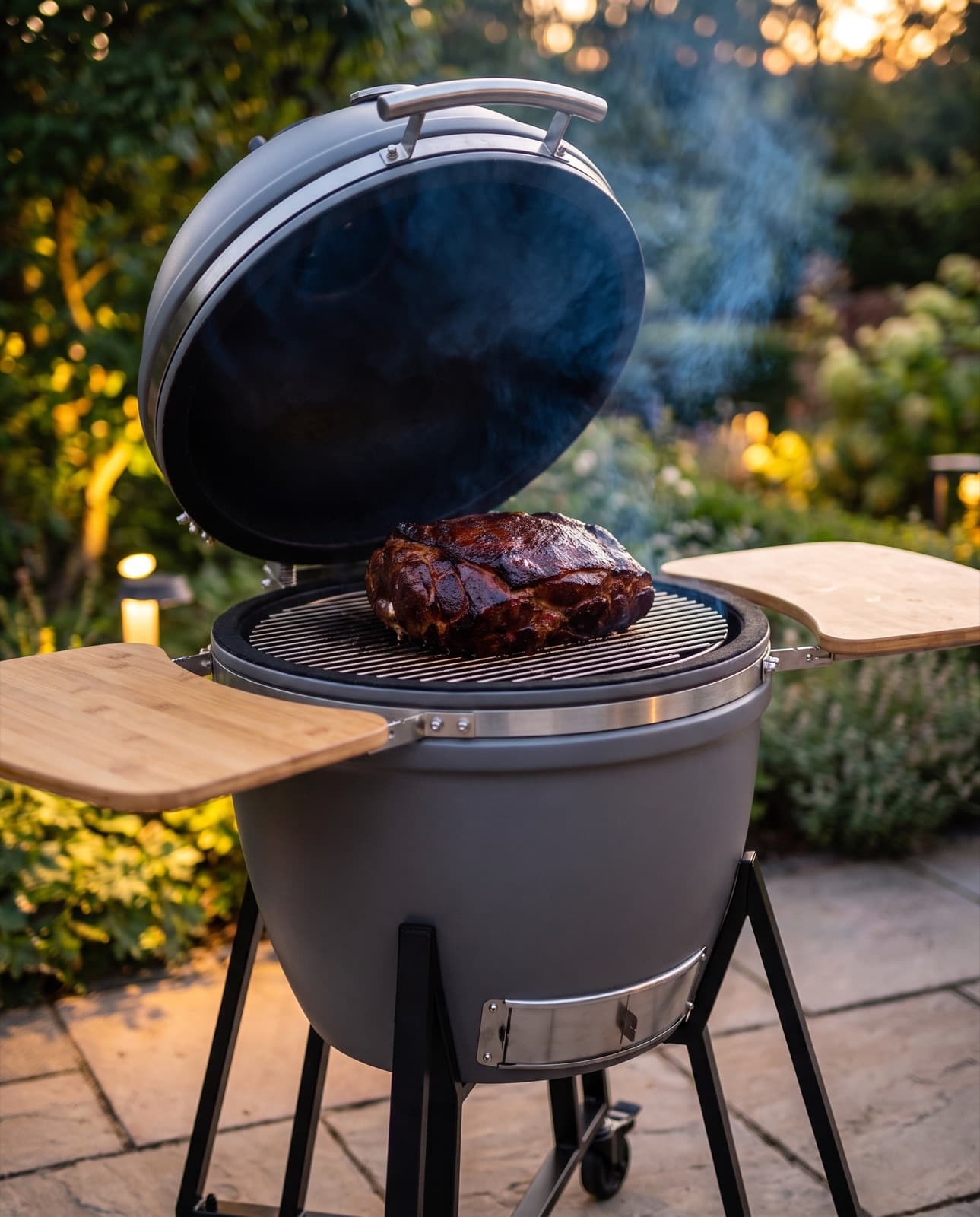 Le kamado ouvert sur une terrasse au crépuscule, une épaule de porc fumée sur la grille, filets de fumée bleue