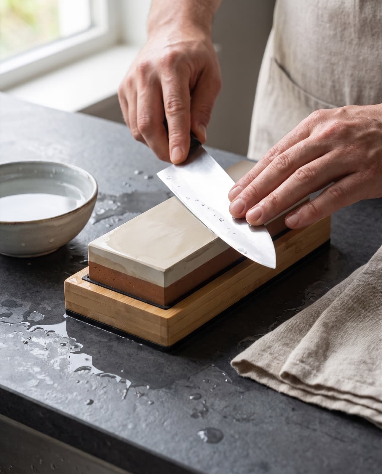 Des mains affûtent un couteau sur la face blanche de la pierre mouillée, sur un plan de travail en pierre sombre
