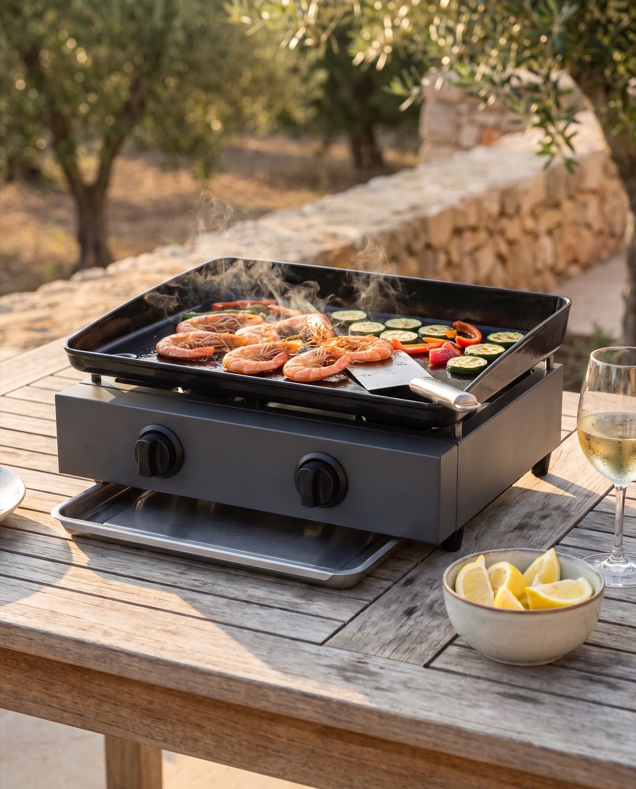 La plancha sur une table en teck en terrasse, gambas, courgettes et poivrons grésillant, citron et vin blanc à côté