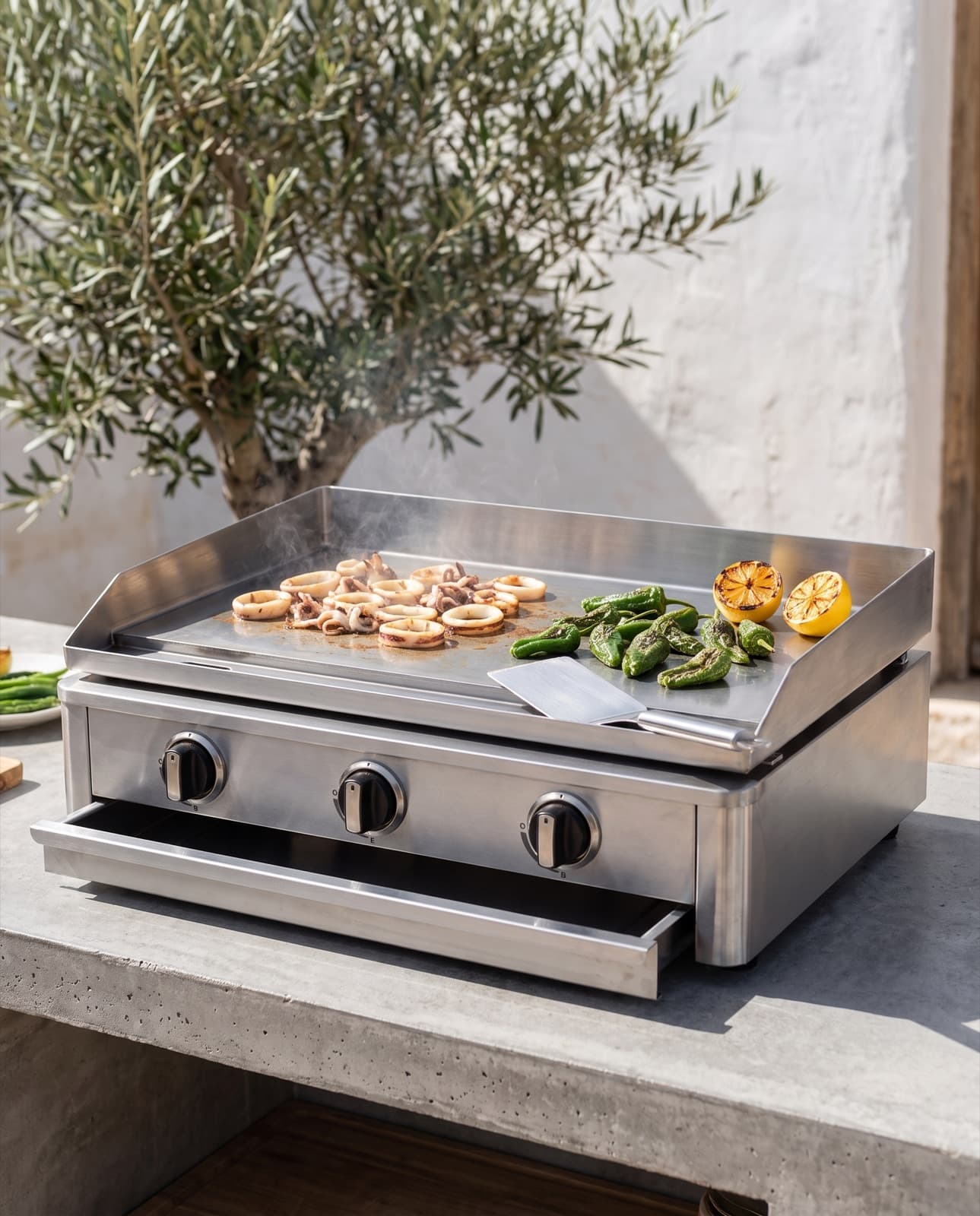 La plancha inox posée sur un plan en béton dehors, calamars, pimientos et citrons grillés sur la plaque