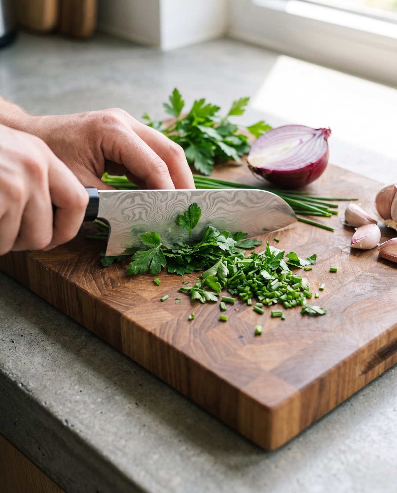 Le santoku hache finement du persil et de la ciboulette sur une planche en bois, une main guidant la lame